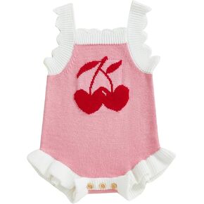 Newborn Baby Girl Summer Romper Knitted Cherry Print Cami Bodysuit Ruffle Trim Jumpsuit 3 6 12 18M Cherry Baby Outfit