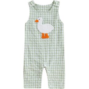 Newborn Baby Boy Girl Hunting Outfit Sleeveless Button Straps Mallard Duck Embroidery Plaid Overalls Romper Jumpsuit