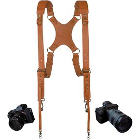 تسخير كاميرا جلدية مزدوجة لكاميرتين - حزام كتف لمصوفي DSLR/SLR - أحزمة الجسم المبطنة للرجال والنساء ، تان