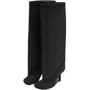 Camel Suede Knee High Boots for Women Square Toe Kitten Heel Fall Stylish Boots Wide-Calf Pull On Dress Long Boot