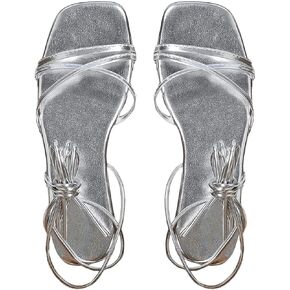 OYOANGLE Women's Lace Up Strappy Flat Sandals Metallic Summer Square Open Toe Sandal Tie Up Shoes