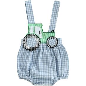Newborn Baby Boy Girl Summer Outfit Farm Tractor Bubble Romper Plaid Sleeveless Bodysuit Overalls Country Clothes