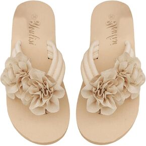 OYOANGLE Women's Flower Appliques Flip Flops Open Toe Non-slip Slide On Thong Sandals Comfy Flat Beach Slippers