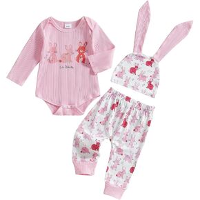 Newborn Baby Girl Easter Outfit Ribbed Bunny Print Long Sleeve Romper and Pant with Hat Easter Baby Girl Outfit
