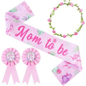 Serencatcher Dinosaur Baby Shower Decorations Girl, Pink Dino Mom to Be Maternity Sash Mom Dad to Be Button Pin Flower Crown Headband for Hatching Soon Baby Shower Gender Reveal Decorations