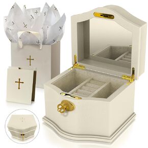 Littlest Saint- Baptism Gifts for Girl -Keepsake Jewelry Box with Gift-Ready Bundle | Christian-Themed Baptism Jewelry Organizer with Gift Bag, Card, & Tissue | First Communion Gifts for Girls