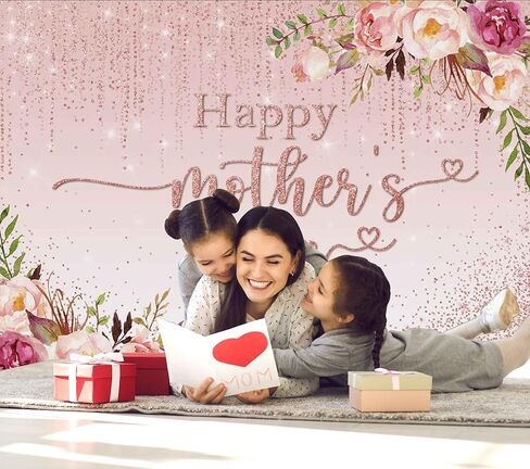 MOCSICKA Happy Mother's Backdrop Floral Golden Dots Mothers عيد ميلاد خلفية للنساء شكرًا على Prots Booth Photo Brops (7 × 5 قدم) in Kuwait