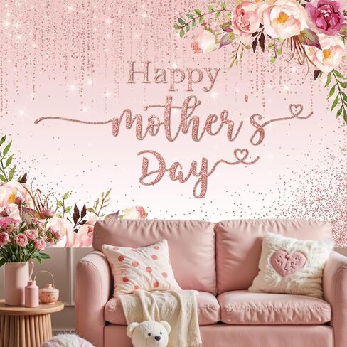MOCSICKA Happy Mother's Backdrop Floral Golden Dots Mothers عيد ميلاد خلفية للنساء شكرًا على Prots Booth Photo Brops (7 × 5 قدم) in Kuwait
