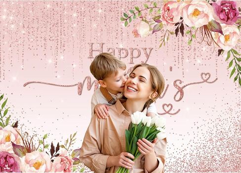 MOCSICKA Happy Mother's Backdrop Floral Golden Dots Mothers عيد ميلاد خلفية للنساء شكرًا على Prots Booth Photo Brops (7 × 5 قدم) in Kuwait