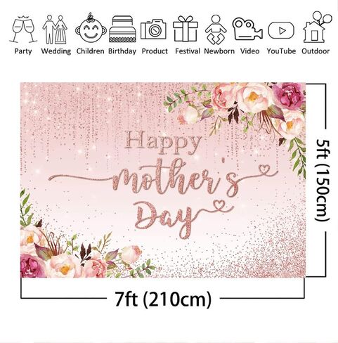 MOCSICKA Happy Mother's Backdrop Floral Golden Dots Mothers عيد ميلاد خلفية للنساء شكرًا على Prots Booth Photo Brops (7 × 5 قدم) in Kuwait