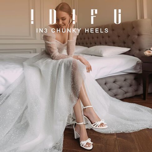 IDIFU IN3 High Heels Chunky Block Open Toe Bow Heels Wedding Bridal Prom Party Evening Homecoming Dress Shoes for Women Comfortable Cute Heeled Sandals Ankle Strap Round Toe Heels in Saudi Arabia