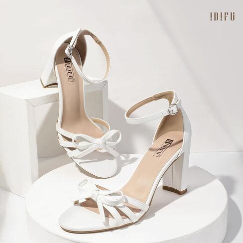 IDIFU IN3 High Heels Chunky Block Open Toe Bow Heels Wedding Bridal Prom Party Evening Homecoming Dress Shoes for Women Comfortable Cute Heeled Sandals Ankle Strap Round Toe Heels in Saudi Arabia