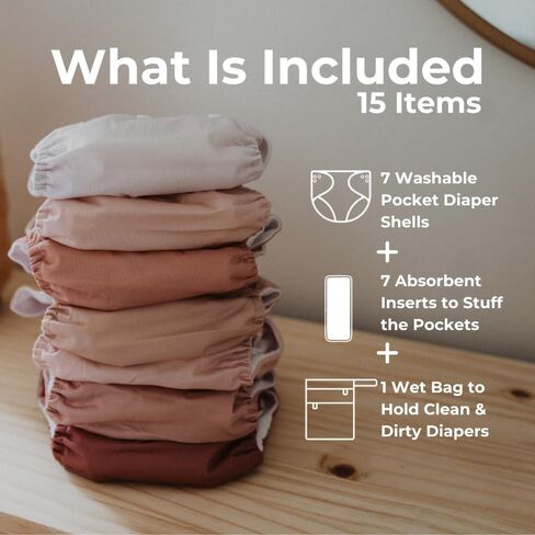 Nora's Nursery Cloth Diapers for Babies (Down to Earth) – 7 Adjustable Baby Reusable Diapers, 7 Inserts & 1 Wet Bag From Newborns to Toddlers – One-Size Pocket No-Leak, Washable Design to Reduce Waste in Saudi Arabia