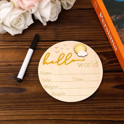 علامة إعلان الطفل ، 5.83 بوصة خشبية Hello World Netborn Sign Cute Welcome Name Name Board for Girl Boy Baby Shower Hospital Photo Photo (Black) in Saudi Arabia