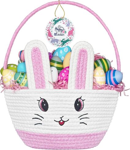 Easter Baskets for Kids Girls: Pink Cotton Woven Bunny Large Easter Basket - Empty Baby Easter Basket with Double Rope Handle - Durable Easter Gift Basket For Heavy Weight in Kuwait