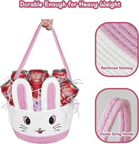 Easter Baskets for Kids Girls: Pink Cotton Woven Bunny Large Easter Basket - Empty Baby Easter Basket with Double Rope Handle - Durable Easter Gift Basket For Heavy Weight in Kuwait