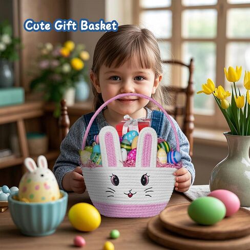 Easter Baskets for Kids Girls: Pink Cotton Woven Bunny Large Easter Basket - Empty Baby Easter Basket with Double Rope Handle - Durable Easter Gift Basket For Heavy Weight in Kuwait