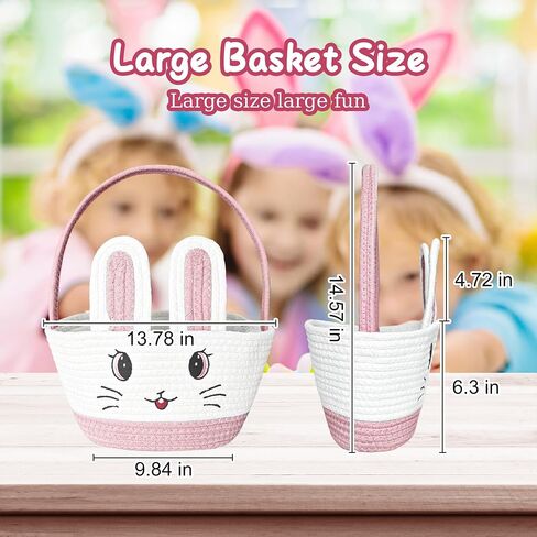 Easter Baskets for Kids Girls: Pink Cotton Woven Bunny Large Easter Basket - Empty Baby Easter Basket with Double Rope Handle - Durable Easter Gift Basket For Heavy Weight in Kuwait