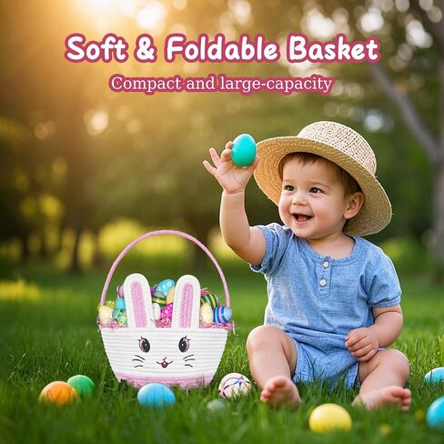 Easter Baskets for Kids Girls: Pink Cotton Woven Bunny Large Easter Basket - Empty Baby Easter Basket with Double Rope Handle - Durable Easter Gift Basket For Heavy Weight in Kuwait