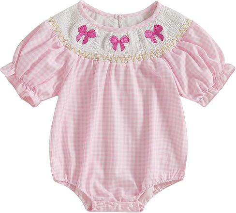 Lamuusaa Newborn Baby Girl Clothes Short Sleeve Smocked Romper Bow Embroidery Plaid Bodysuit Summer Clothes 0-18M in Saudi Arabia