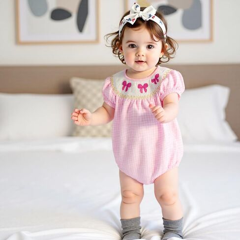 Lamuusaa Newborn Baby Girl Clothes Short Sleeve Smocked Romper Bow Embroidery Plaid Bodysuit Summer Clothes 0-18M in Saudi Arabia