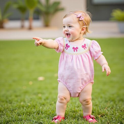 Lamuusaa Newborn Baby Girl Clothes Short Sleeve Smocked Romper Bow Embroidery Plaid Bodysuit Summer Clothes 0-18M in Saudi Arabia