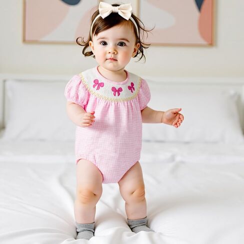 Lamuusaa Newborn Baby Girl Clothes Short Sleeve Smocked Romper Bow Embroidery Plaid Bodysuit Summer Clothes 0-18M in Saudi Arabia