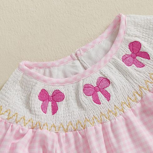 Lamuusaa Newborn Baby Girl Clothes Short Sleeve Smocked Romper Bow Embroidery Plaid Bodysuit Summer Clothes 0-18M in Saudi Arabia