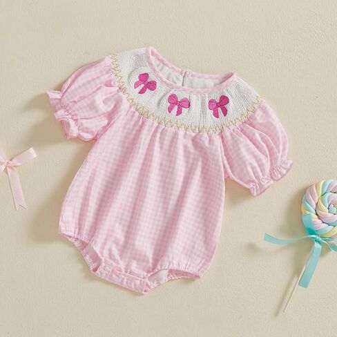 Lamuusaa Newborn Baby Girl Clothes Short Sleeve Smocked Romper Bow Embroidery Plaid Bodysuit Summer Clothes 0-18M in Saudi Arabia