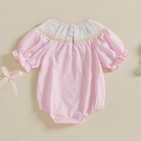 Lamuusaa Newborn Baby Girl Clothes Short Sleeve Smocked Romper Bow Embroidery Plaid Bodysuit Summer Clothes 0-18M in Saudi Arabia