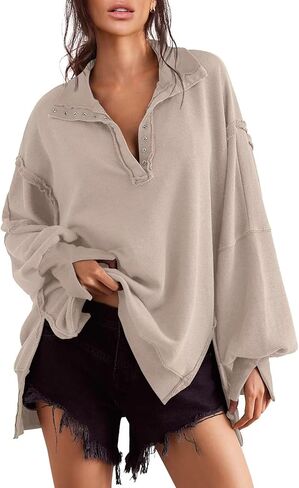 Oversized Sweatshirts for Women Button Down Long Sleeve Henley Pullover Tunic Tops S-2xl Purple in Kuwait