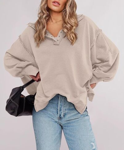 Oversized Sweatshirts for Women Button Down Long Sleeve Henley Pullover Tunic Tops S-2xl Purple in Kuwait