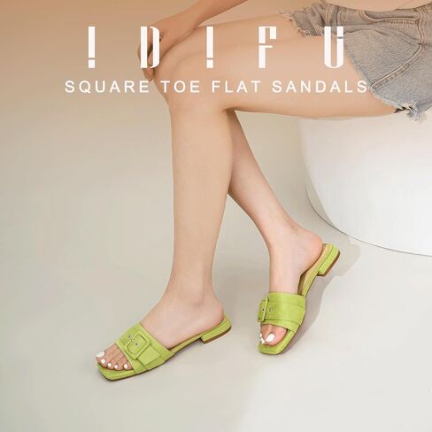 IDIFU Buckle Square Open Toe Women's Flat Sandals Slip On Strap Slide Sandals Beach Ladies Dress Sandals for Women Dressy Comfortable Cute Casual Trendy Fashion Stylish Summer Shoes Flats Sandals in Saudi Arabia