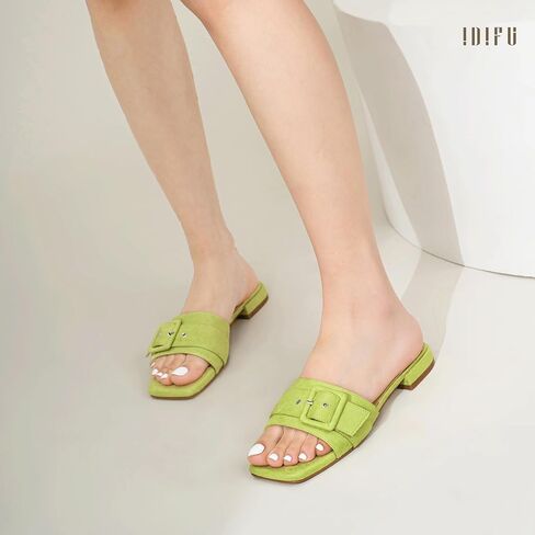 IDIFU Buckle Square Open Toe Women's Flat Sandals Slip On Strap Slide Sandals Beach Ladies Dress Sandals for Women Dressy Comfortable Cute Casual Trendy Fashion Stylish Summer Shoes Flats Sandals in Saudi Arabia