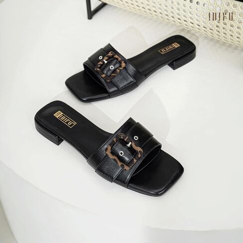IDIFU Buckle Square Open Toe Women's Flat Sandals Slip On Strap Slide Sandals Beach Ladies Dress Sandals for Women Dressy Comfortable Cute Casual Trendy Fashion Stylish Summer Shoes Flats Sandals in Kuwait