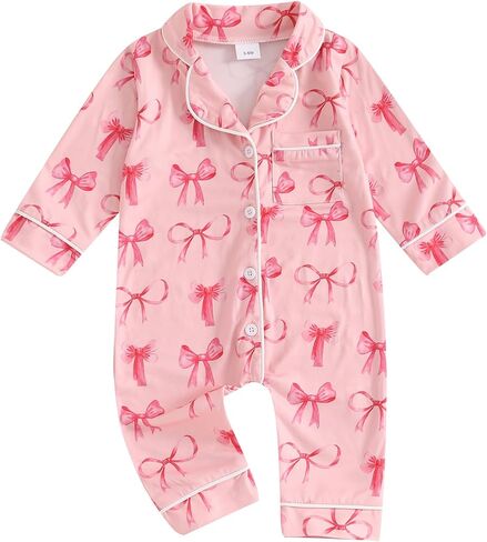MAINESAKA Newborn Baby Girl Pajamas Romper Bow/Strawberry Long Sleeve Button Down Jumpsuit Infant One-Piece Pjs Sleepwear in Saudi Arabia