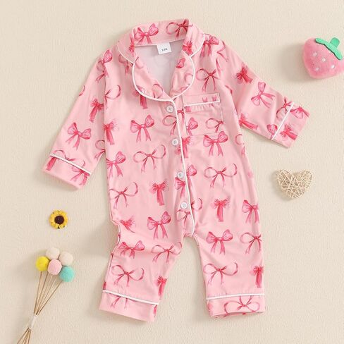 MAINESAKA Newborn Baby Girl Pajamas Romper Bow/Strawberry Long Sleeve Button Down Jumpsuit Infant One-Piece Pjs Sleepwear in Saudi Arabia