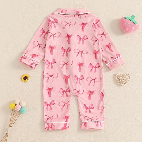 MAINESAKA Newborn Baby Girl Pajamas Romper Bow/Strawberry Long Sleeve Button Down Jumpsuit Infant One-Piece Pjs Sleepwear in Saudi Arabia