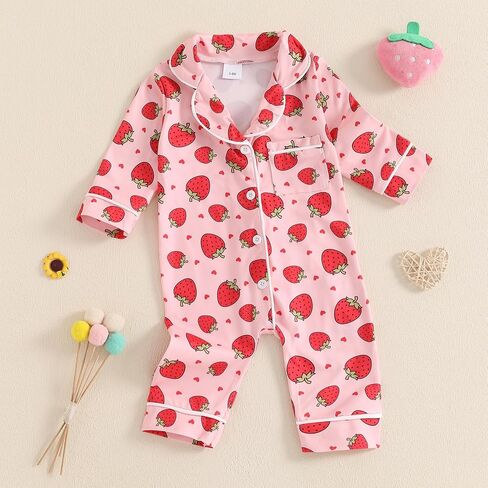 MAINESAKA Newborn Baby Girl Pajamas Romper Bow/Strawberry Long Sleeve Button Down Jumpsuit Infant One-Piece Pjs Sleepwear in Saudi Arabia