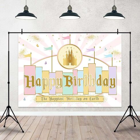 Princess Castle Birthday Backdrop Pastel Rainbow Stripes Magical Birthday Background Gold Glitter Happiest Birthday On Earth Party Cake Table Decorations Banner Photo Booth Props (7x5ft) in Kuwait