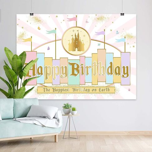 Princess Castle Birthday Backdrop Pastel Rainbow Stripes Magical Birthday Background Gold Glitter Happiest Birthday On Earth Party Cake Table Decorations Banner Photo Booth Props (7x5ft) in Kuwait