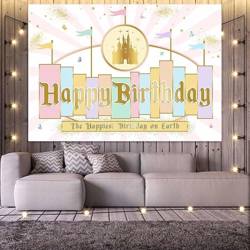 Princess Castle Birthday Backdrop Pastel Rainbow Stripes Magical Birthday Background Gold Glitter Happiest Birthday On Earth Party Cake Table Decorations Banner Photo Booth Props (7x5ft) in Kuwait