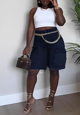 YOOTIKO Womens Bermuda Jean Shorts High Waisted Ripped Pocket Summer Denim Cargo Shorts Streetwear in Saudi Arabia
