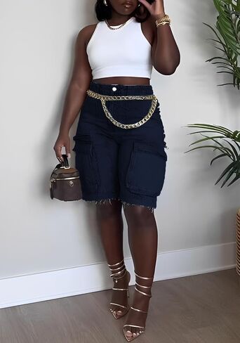 YOOTIKO Womens Bermuda Jean Shorts High Waisted Ripped Pocket Summer Denim Cargo Shorts Streetwear in Saudi Arabia