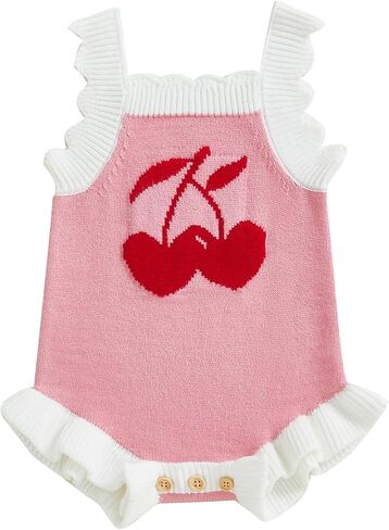Newborn Baby Girl Summer Romper Knitted Cherry Print Cami Bodysuit Ruffle Trim Jumpsuit 3 6 12 18M Cherry Baby Outfit in Kuwait
