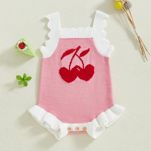 Newborn Baby Girl Summer Romper Knitted Cherry Print Cami Bodysuit Ruffle Trim Jumpsuit 3 6 12 18M Cherry Baby Outfit in Kuwait