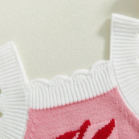 Newborn Baby Girl Summer Romper Knitted Cherry Print Cami Bodysuit Ruffle Trim Jumpsuit 3 6 12 18M Cherry Baby Outfit in Kuwait