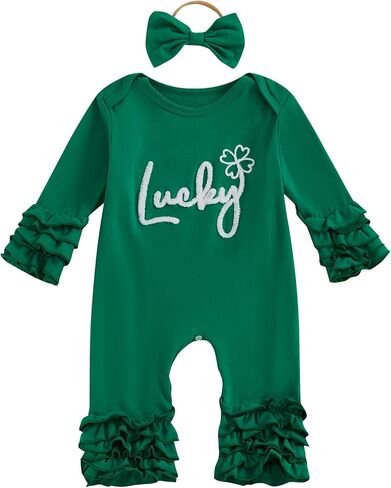 Baby Girl St Patricks Day Clothes Lucky Embroidery Long Sleeve Romper One Piece Jumpsuit Bodysuit Headband Outfit in Kuwait