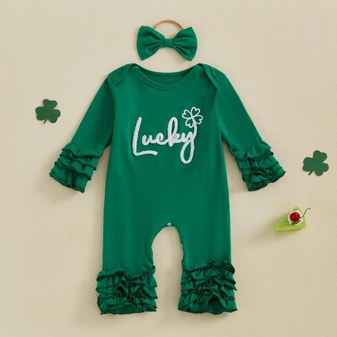 Baby Girl St Patricks Day Clothes Lucky Embroidery Long Sleeve Romper One Piece Jumpsuit Bodysuit Headband Outfit in Kuwait