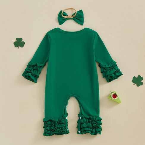 Baby Girl St Patricks Day Clothes Lucky Embroidery Long Sleeve Romper One Piece Jumpsuit Bodysuit Headband Outfit in Kuwait